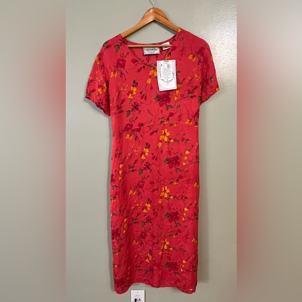 Vintage Lauren Brooks Y2K Boho Resort Midi  Floral Red Dress Back Tie XL NWT